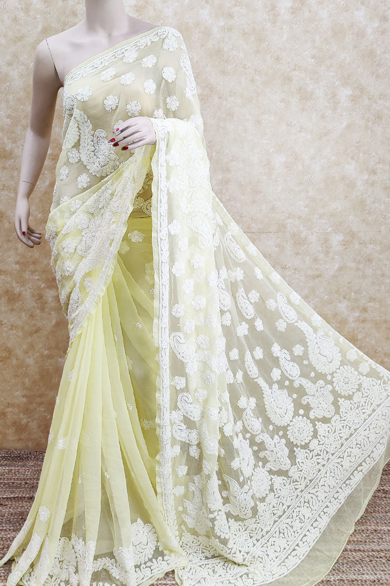 Yellow Colour Designer Hand Embroidered Lucknowi Chikankari Saree ( With Blouse - Georgette ) MC251779